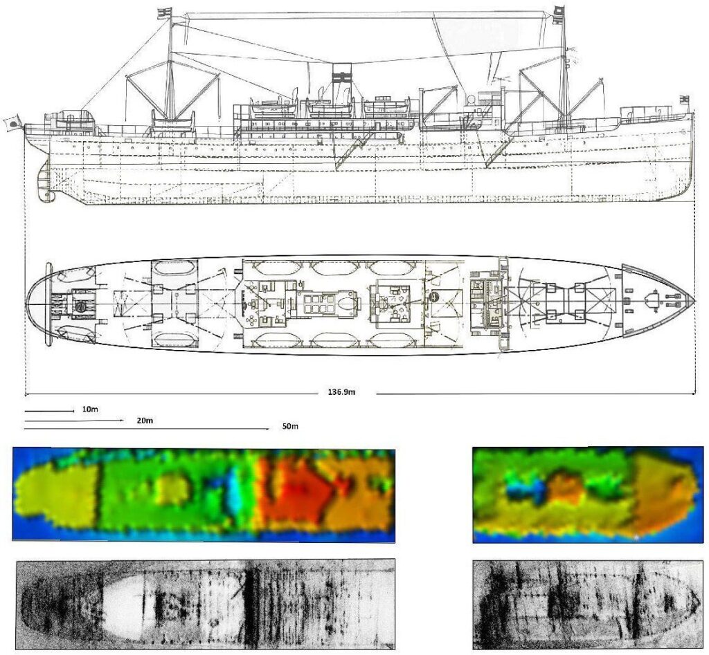 Как сканирането на AUV се съчетава с плановете на Montevideo Maru (Silentworld Foundation / Fugro)