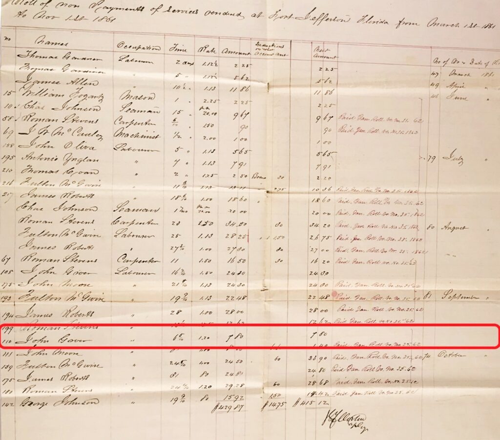 John Greer’s name appears on a list of labourers at Fort Jefferson