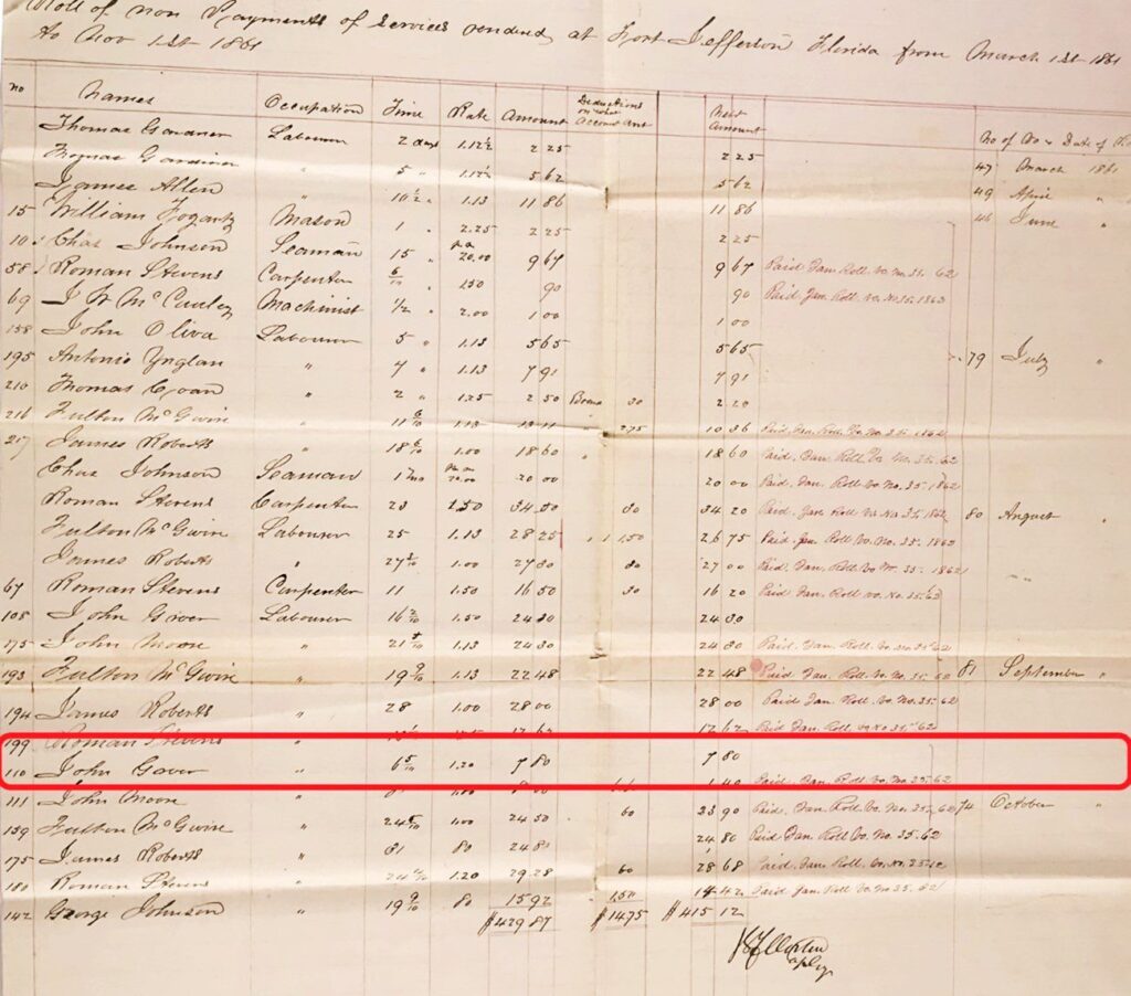 O nome de John Greer aparece em uma lista de trabalhadores em Fort Jefferson