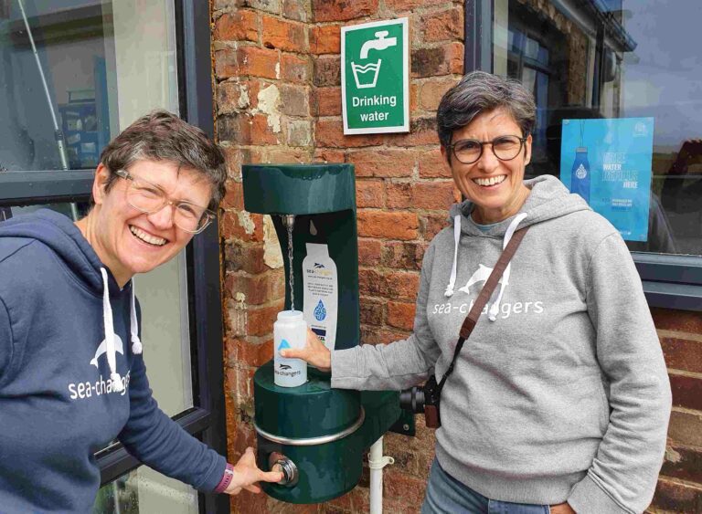 Sea-Changers Helen Webb (left) and Rachel Lopata at a new water fountain on the Lincolnshire coast