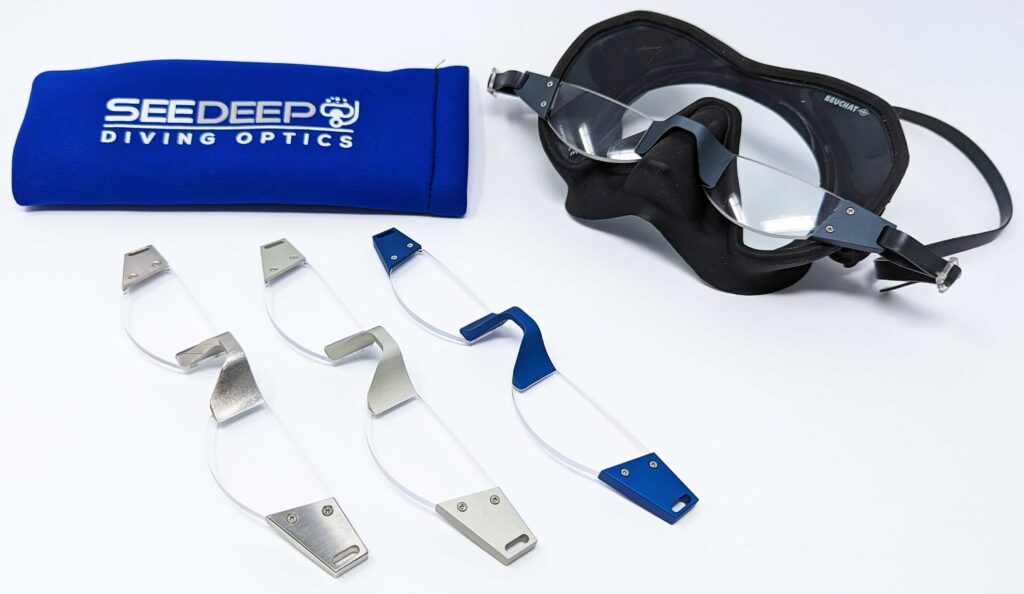 The three style of SeaDeep glasses and the soft neoprene case