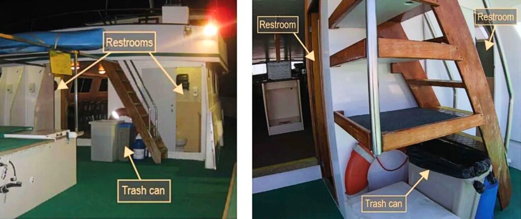 Left: Stairway to Conception liveaboard's upper deck with rubbish bin below them. Right: The stairway in 2019, with shelving above the bin (National Transportation Safety Board)