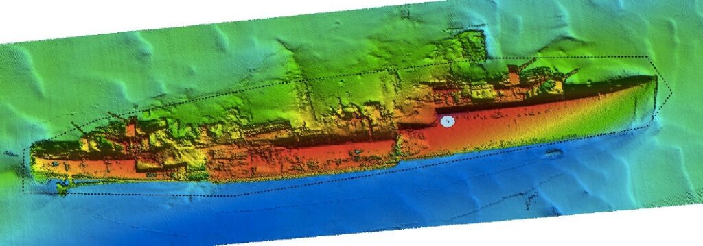 2019 multibeam survey of the destroyer HMS Keith (© GPMD 2019, multibeam processed by Th. Willaert / GPMD)