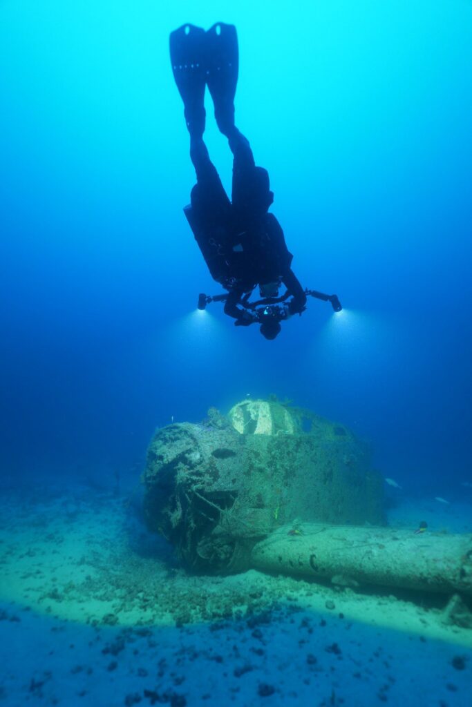 Jimmy Gadomski hovers above the wreck (Michael C Barnette)