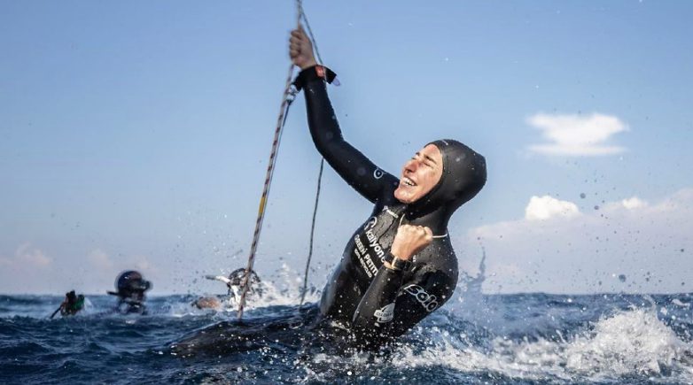Freediving: Sahika Ercumen after her Variable Weight No Fins dive