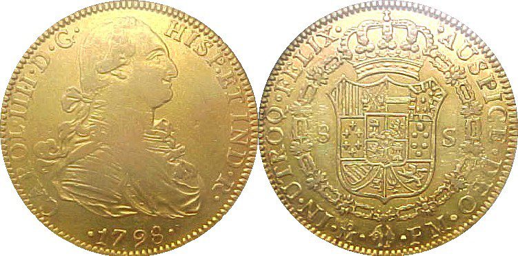 Spanish gold 4-doubloon coin of the time, from the reign of Charles V
