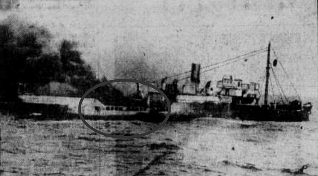 US Coast Guard image of the burning Doris Kellogg in The Brooklyn Daily Eagle on 6 January 6, 1933 (AUE)