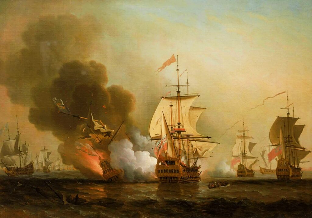 英国私掠船探险队与圣何塞号交战，塞缪尔·斯科特绘制