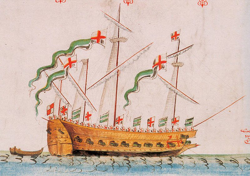16th-century English galleass that might have resembled La Trinité, with oar ports below the gun ports. (Service Historique de la Défense / NOAA)