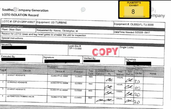 LOTO form that Georgia Power was using at the time that Paxton died. It has four items