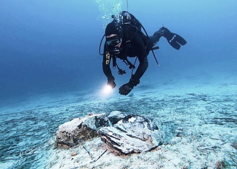 A diver hovers over the obsidian core (Naples Superintendency for Archaeology, Fine Arts & Landscape)