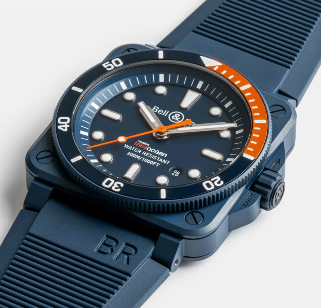 Distinctive square case of the Tara Ocean but the orange on the bezel marks it as a special edition