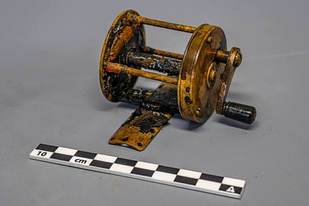 Fishing reel recovered from a cabin on the lower deck of HMS Erebus (Brett Seymour / Parks Canada)