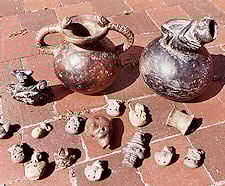 Aztec pottery and whistles; frogs, lizards and other animals were symbols used frequently by the Aztecs in their art and earthenware vessels.