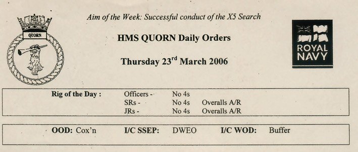 Ship’s orders for the X5 search aboard HMS Quorn in 2006