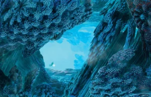 Gua Karang – Mandelbulb, fraktal 3D pertama yang ditemukan, penuh lubang! Dengan memperbesar lebih dalam menggunakan perangkat lunak Mandelbulb 3D, kami menemukan tingkat detail tak terbatas yang mengingatkan kita pada kompleksitas bentuk kehidupan