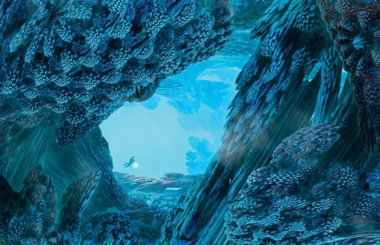 Korallenhöhle – die Mandelzwiebel, das erste entdeckte 3D-Fraktal, ist voller Löcher! Wenn wir mit der Software Mandelbulb 3D tief hineinzoomen, finden wir einen unendlichen Detaillierungsgrad, der an die Komplexität von Lebensformen erinnert