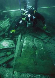 Excavation of the Swan's collapsed stern reveals an intact cabin door