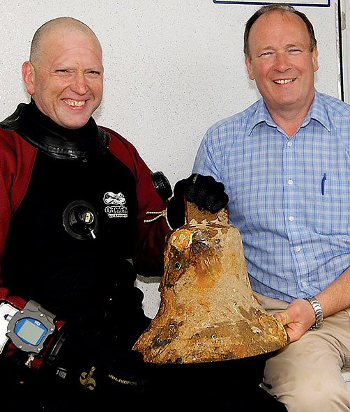 Norman Woods and skipper Michael McVeigh, delighted to have put the identification of the White Star liner Carinthia beyond doubt by finding the bell