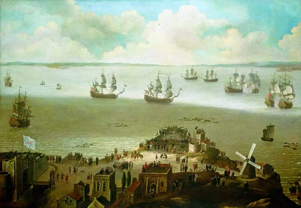 Cruthaíonn 5 ghunna céannacht na loinge: rachaidh HMS Tyger i ngleic leis an Schakerloo i gcuan Cadiz i 1674 – 68 bliain sular cailleadh í sa deireadh