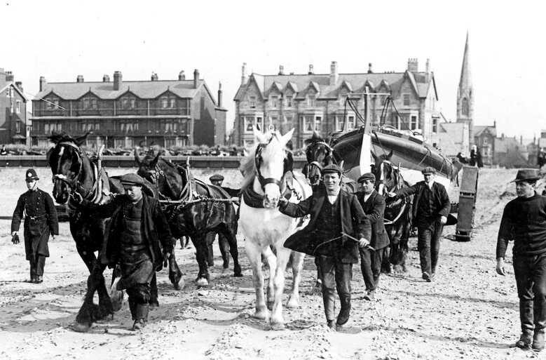 Lifeboat on a horse-drawn launching trailer at Lytham St Annes (RNLI)