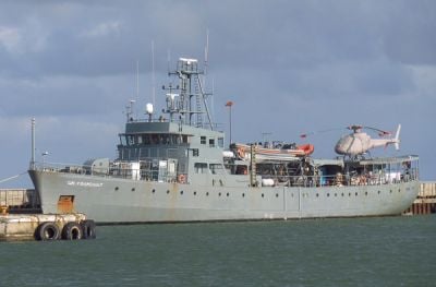 Cdt Fourcault, the expedition ship â€“ complete with helicopter