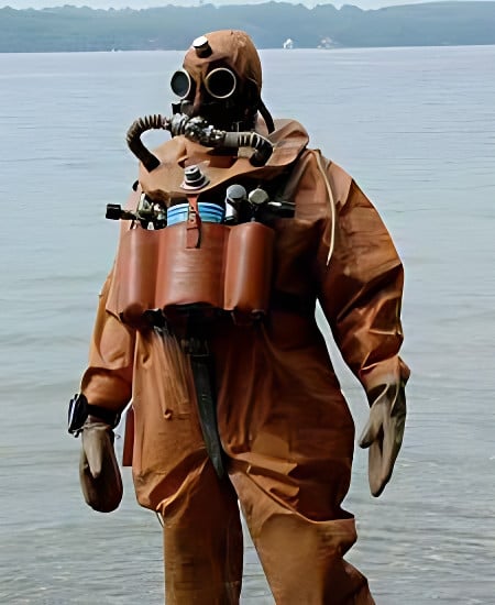 Venturing into the 7°C lake - pity about that leak in the left leg of the suit.
