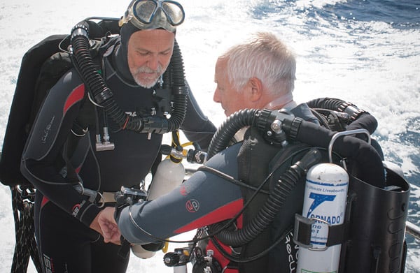 Getting ready to dive on the swim platform of Mistral.