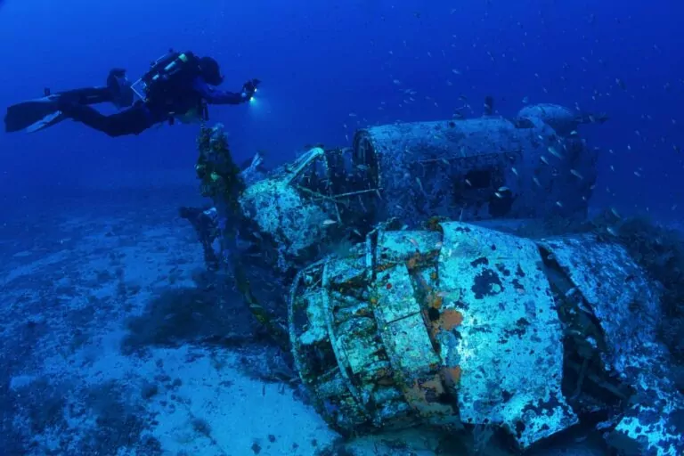 A diver inspects the aircraft wreck (Department of Defence)