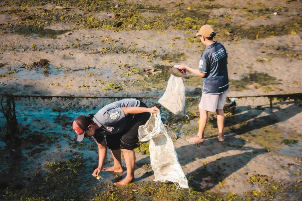 مركز الغوص في بالي يفوز بجائزة Green Fins 3 زوار شباب يشاركون في تنظيف الشاطئ بالقرب من أشجار المانغروف (ريف وورلد)