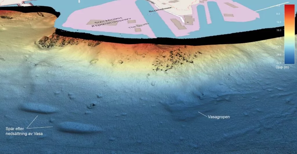 Duikers vinden ontbrekende schakels van het iconische Vasa-wrak 2 Voetafdruk van Vasa: 3D-weergave gebaseerd op multibeam-metingen (Martin Jakobsson, Universiteit van Stockholm)