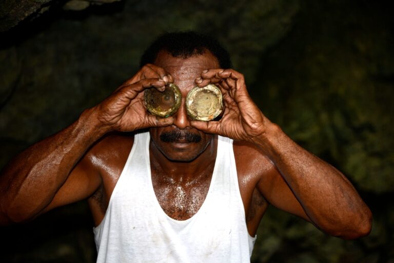 Simpson with Japanese gas mask goggles, Ruar Cave