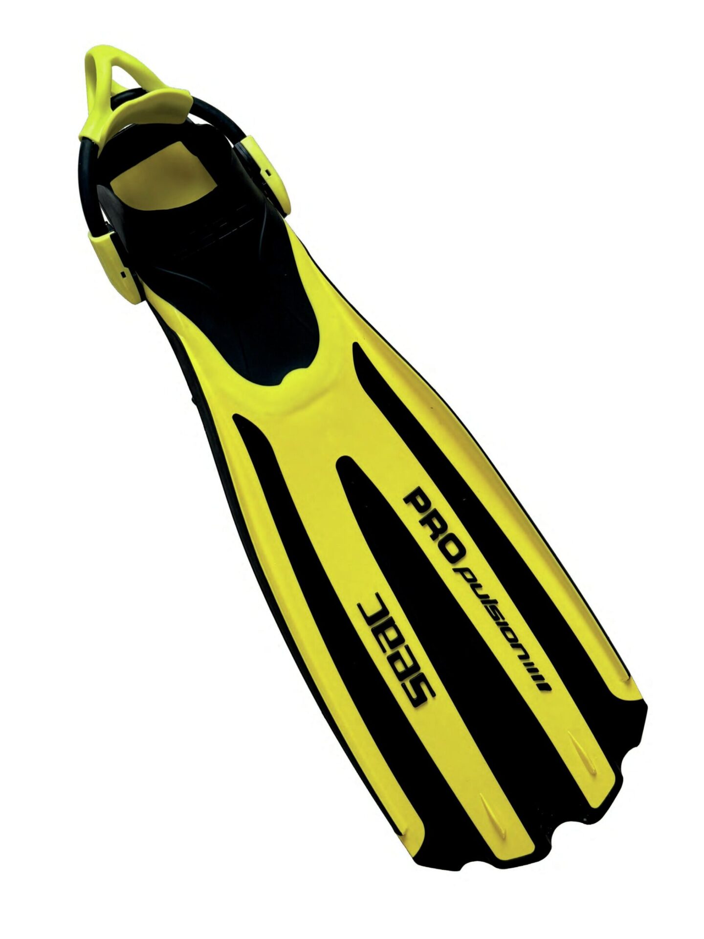 Overhead studio image of SEAC Sub Propulsion S fins showing channel design and symmetrical paddle structure.