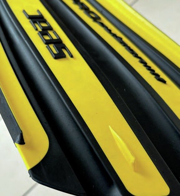 Top view of SEAC Sub Propulsion S fins highlighting multi-channel paddle design and wide blade profile.