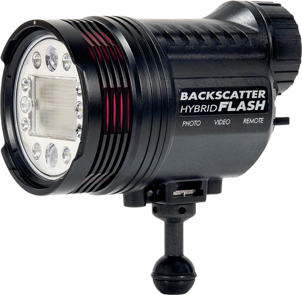 Backscatter Hybrid (HF-1) Strobe Review: 5,000-Lumen Hybrid Strobe and Video Light for Underwater Photography 4 Backscatter Hybrid (HF-1) underwater strobe front and left-side studio image showing LED lighting array and flash port.