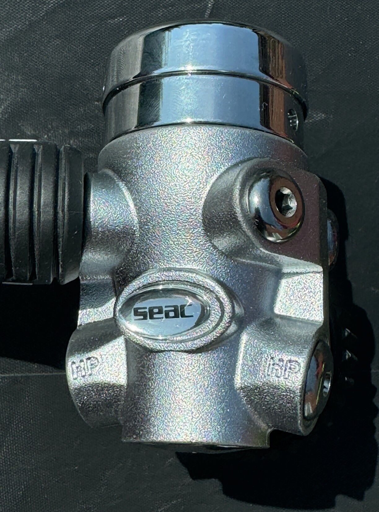Seac IT 500 Ice regulator first stage close-up highlighting port layout and chrome detailing.