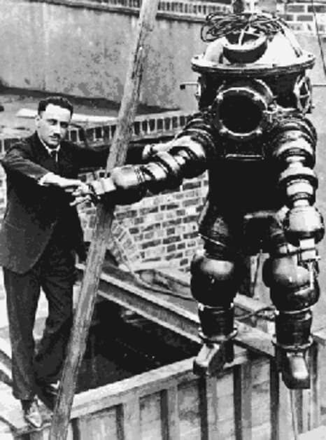 Engineer Joseph Peress with Tritonia diving suit, May 1930, precursor to Jim diving suits for North Sea oil work”