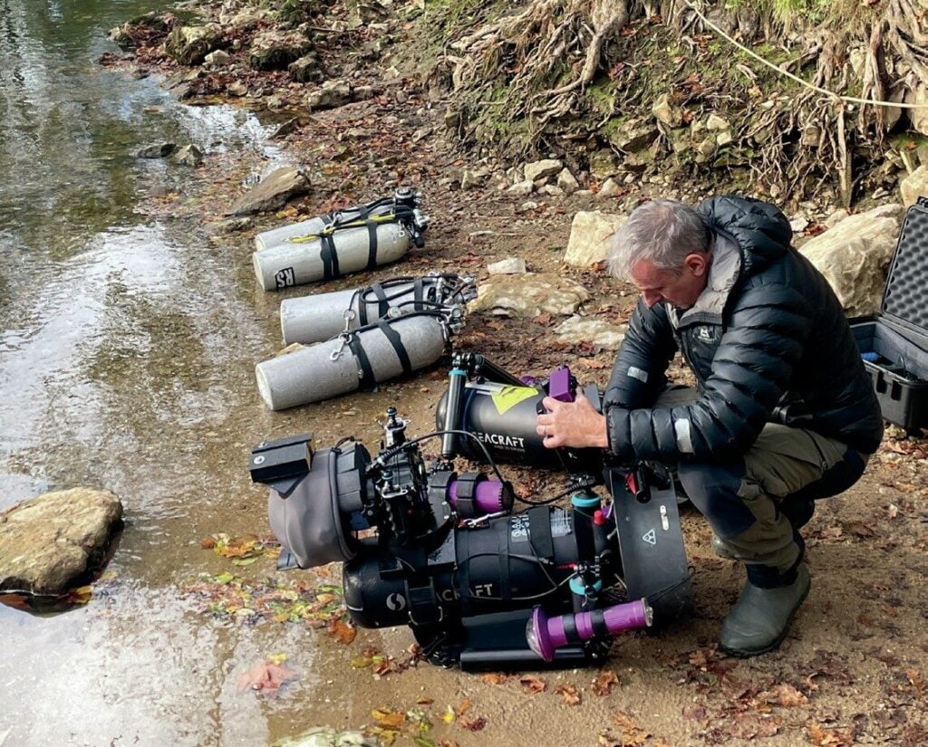 Preparing for a cave diving shoot