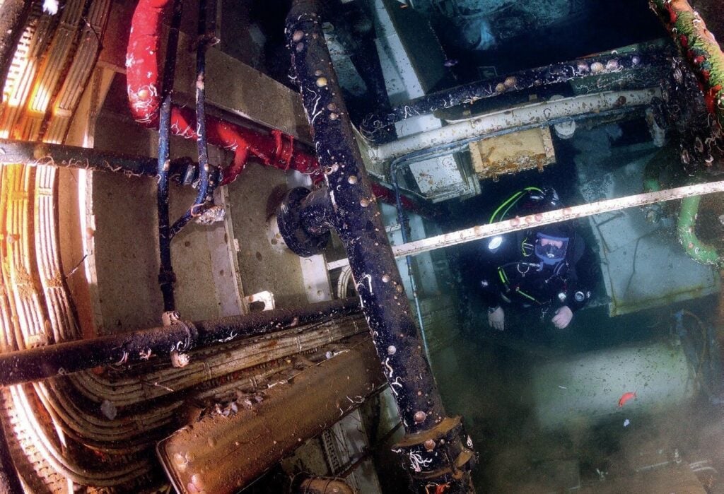 Inside the engine room of the Sun Swale wreck in Gibraltar
