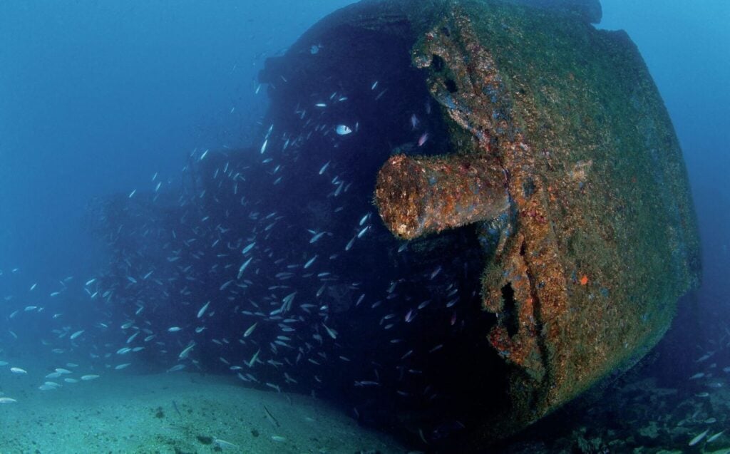 The Sun Swale tugboat wreck lying intact at 22m off the South Mole