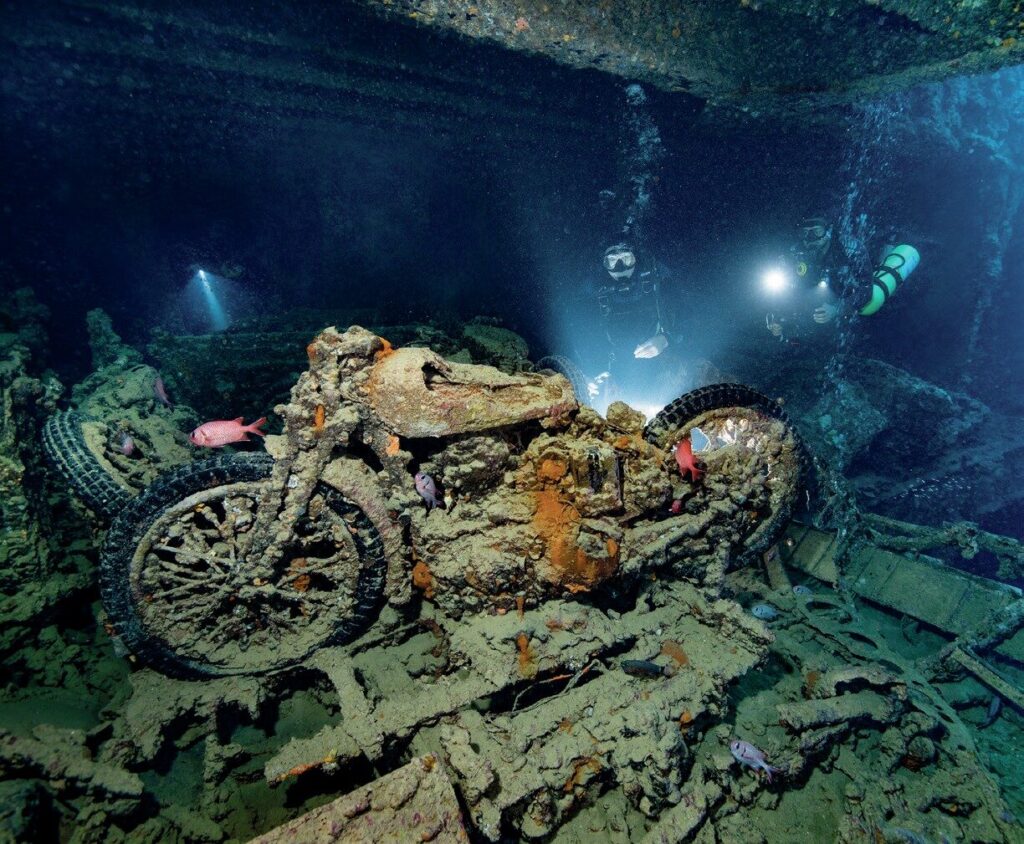 Motorcycles on the SS Thistlegorm wreck photographed by Stephen Frink
