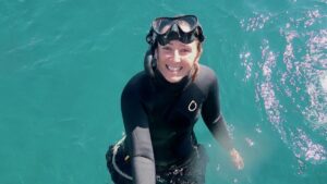 Sarah Han-de-Beaux in her happy place, the ocean.