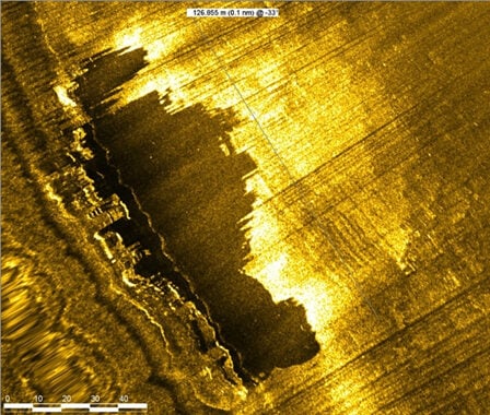 The silhouette in the sonar image reveals the vessel’s superstructure (Leo Fielding)