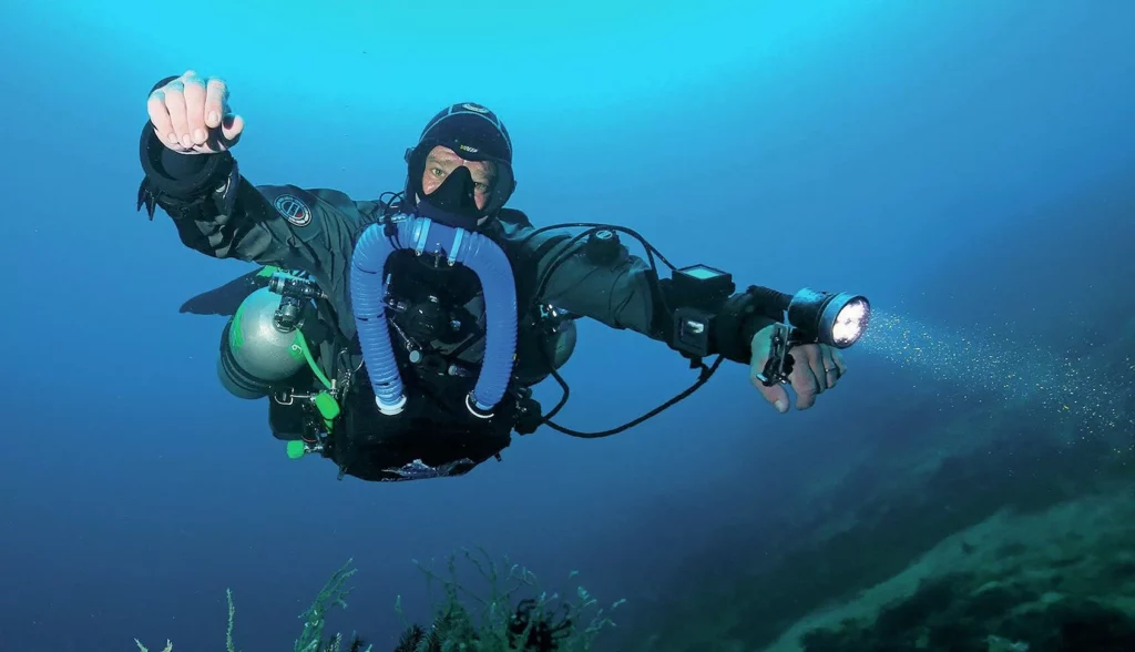 A technical diver on a Triton II closed-circuit rebreather in Amed, Bali