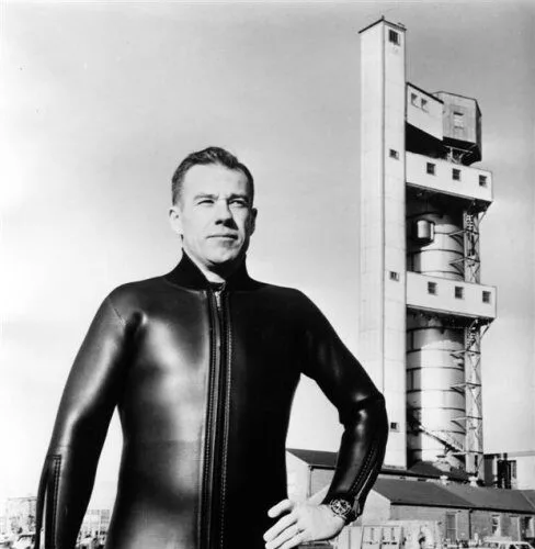 Croft in front of the submarine  escape training tank at Groton