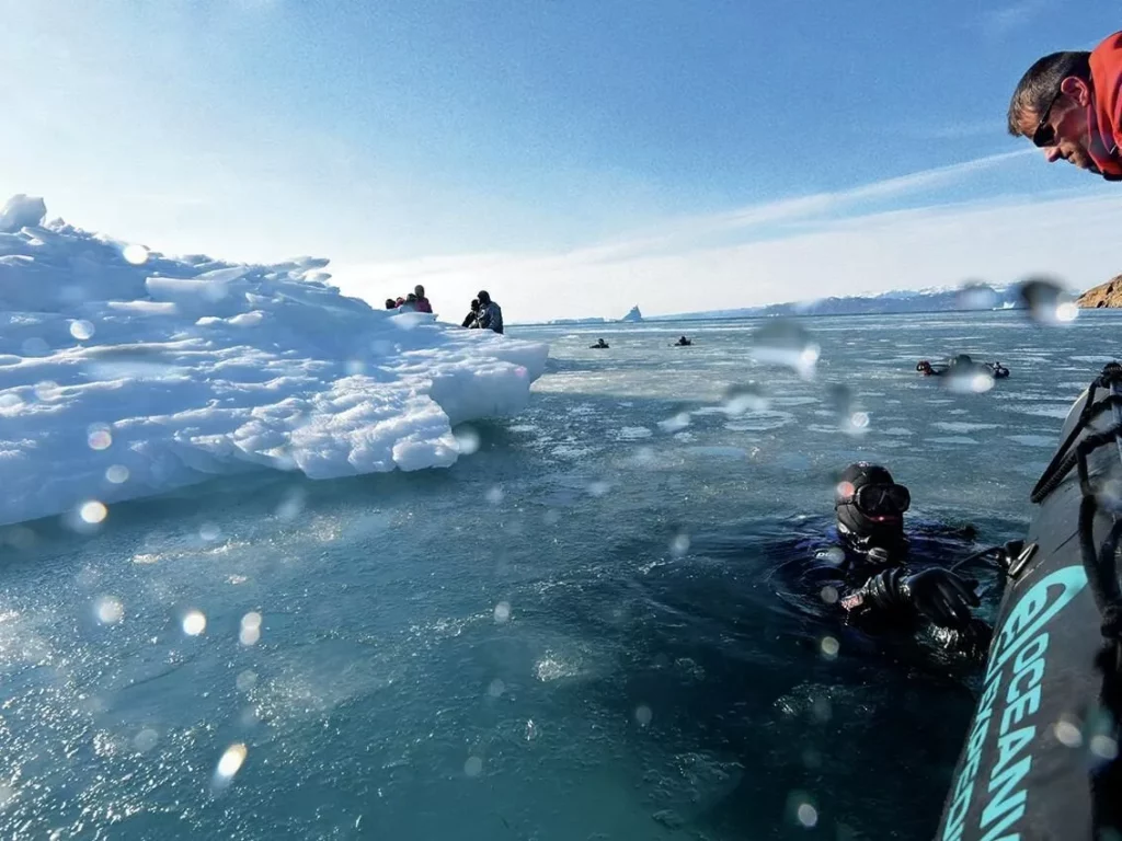 Iceberg Diving in Greenland: Beauty, Danger and Essential Safety Protocols 10 Divers descending a few metres away from the edge of the iceberg for safety