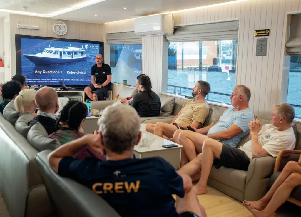 A comprehensive boat briefing being given on the Maldives Master Liveaboard