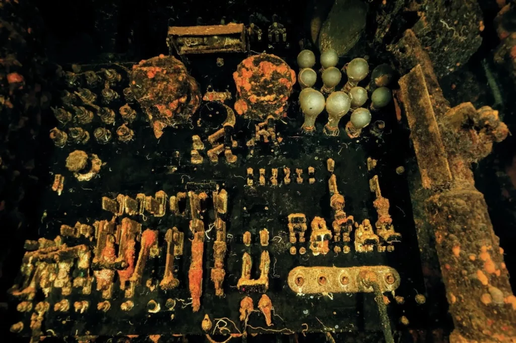 Electrical spares on the wall in the machine shop of the USS Saratoga in Bikini Atoll