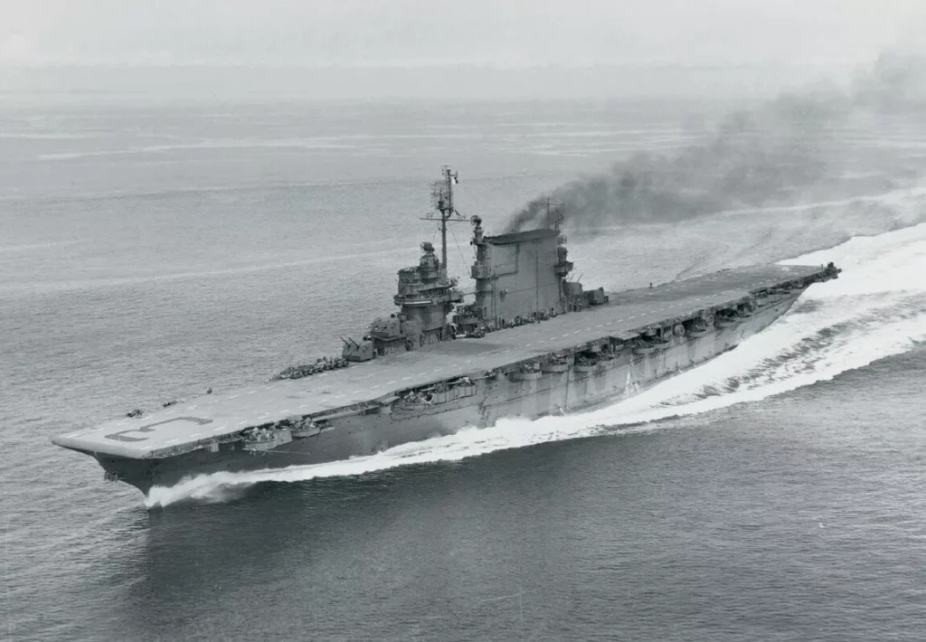 USS Saratoga under full steam before her eventual sinking at Bikini Atoll