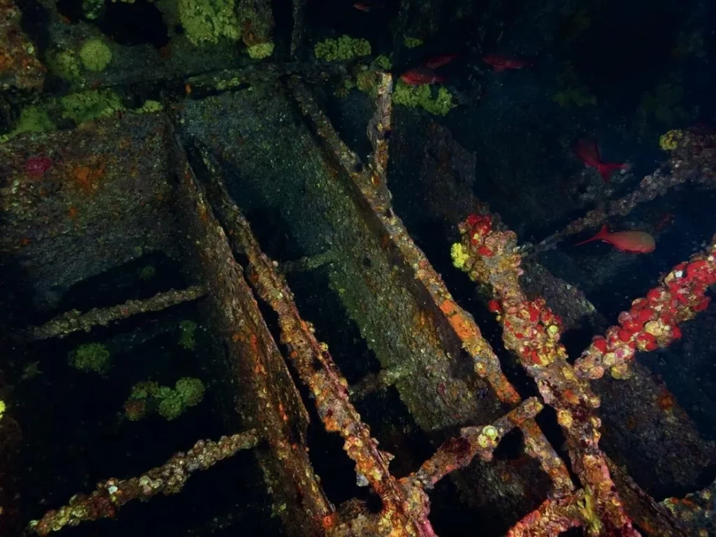 A jumble of wreckage at 110ft on the wreck of the USS Oriskany